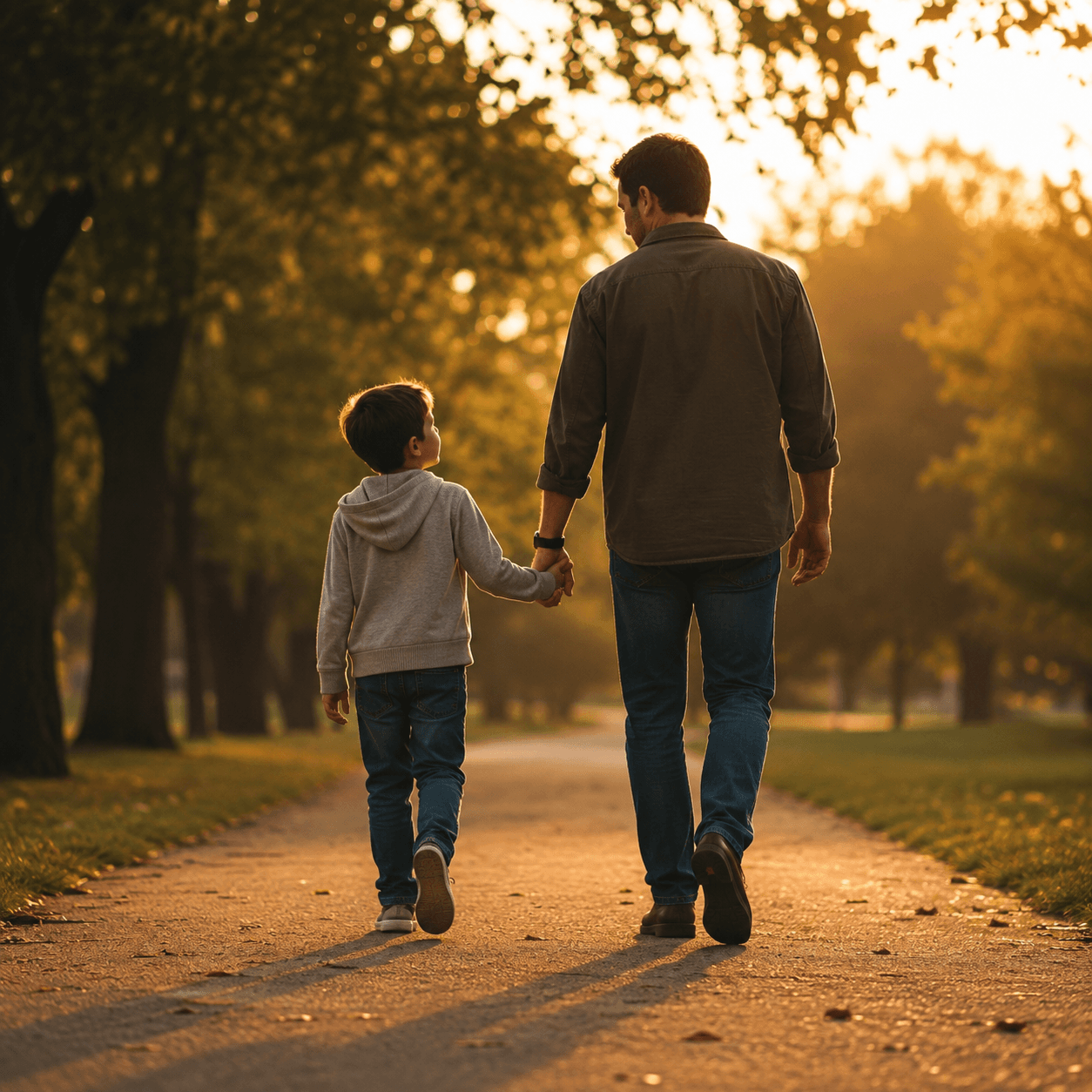 A father and his young son walk hand in hand down a tree-lined path at sunset