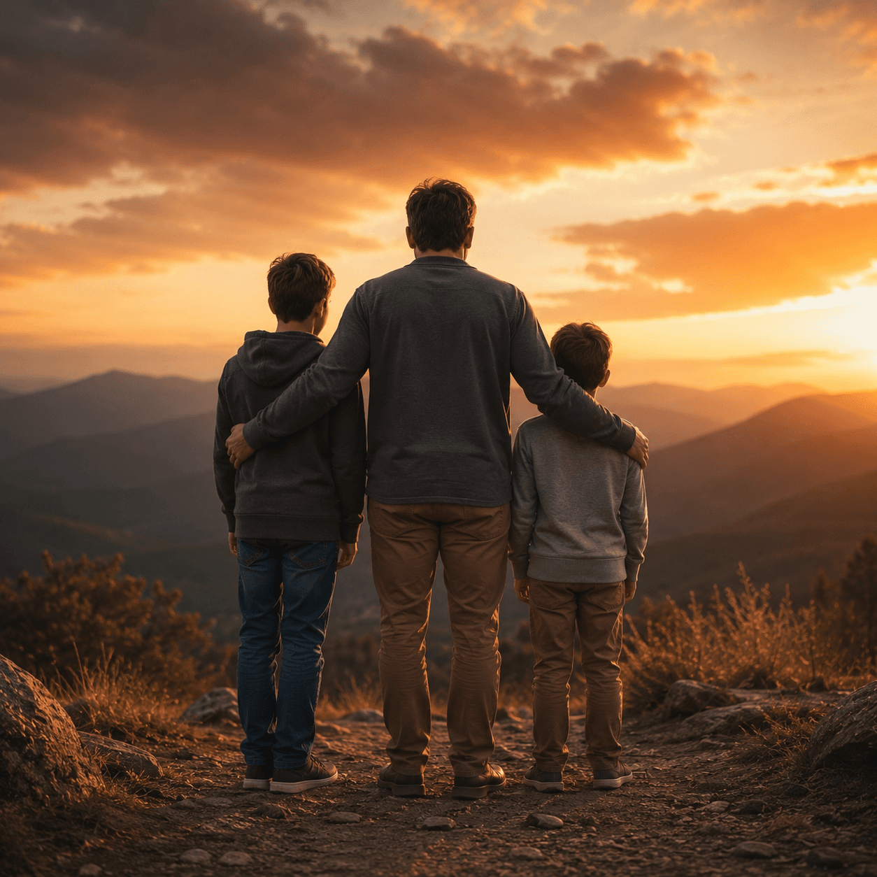 A father stands with his arms around his two sons, facing a mountain vista at sunset