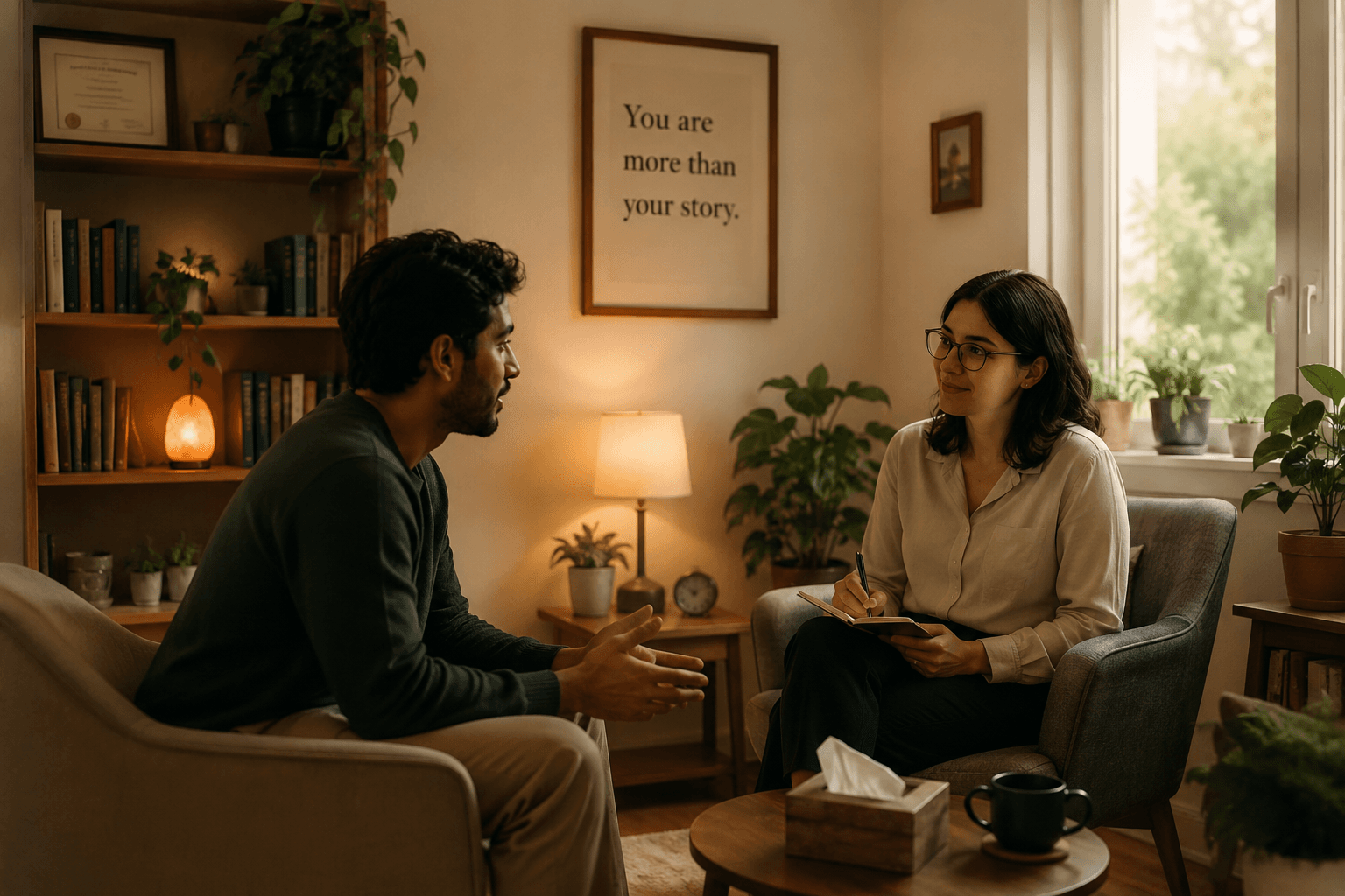 Two people in conversation during a coaching session; framed wall art reads You are more than your story